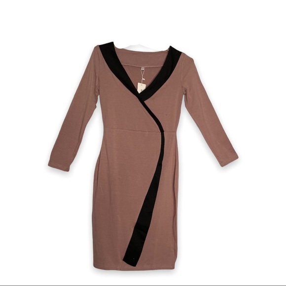 Mocha Brown Dress Contrast Trim Bodycon Stretch Sexy Business Casual Small - Picture 2 of 5